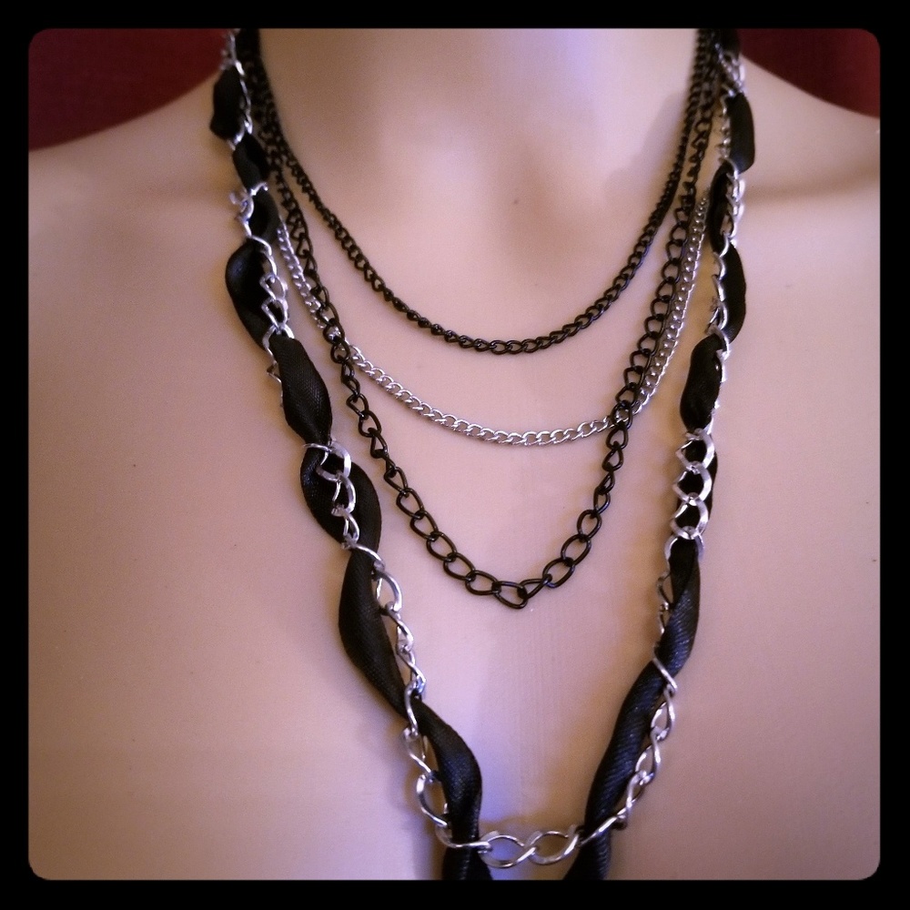 Multi chain and ribbon necklace with matching earr